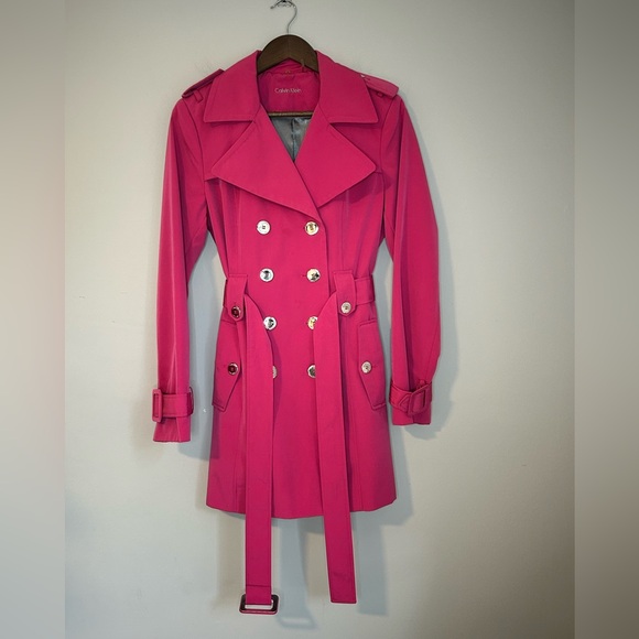 Calvin Klein Fuchsia Double-Breasted Belted Trench Coat - Size Small - Picture 3 of 13